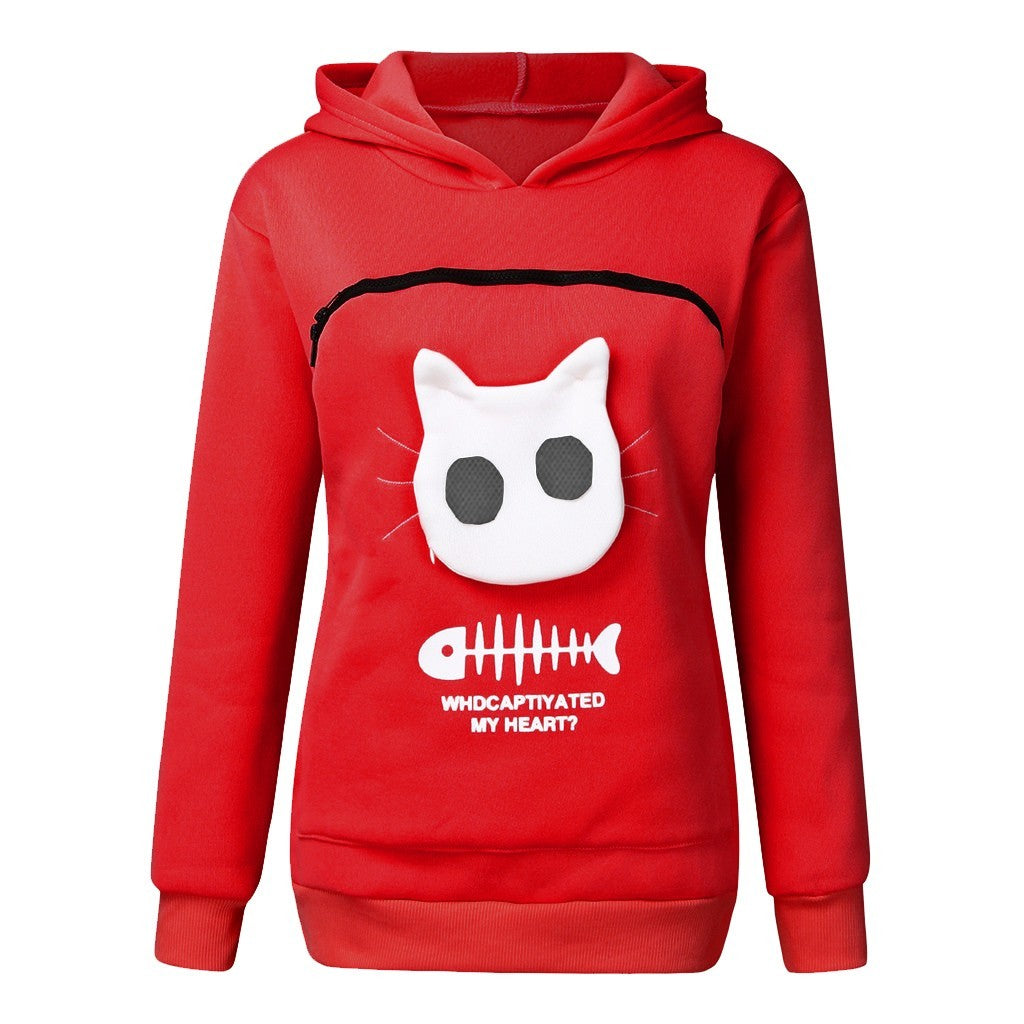 Hoodie Sweatshirt With Cat Pet Pocket Design Long Sleeve Sweater Cat Outfit