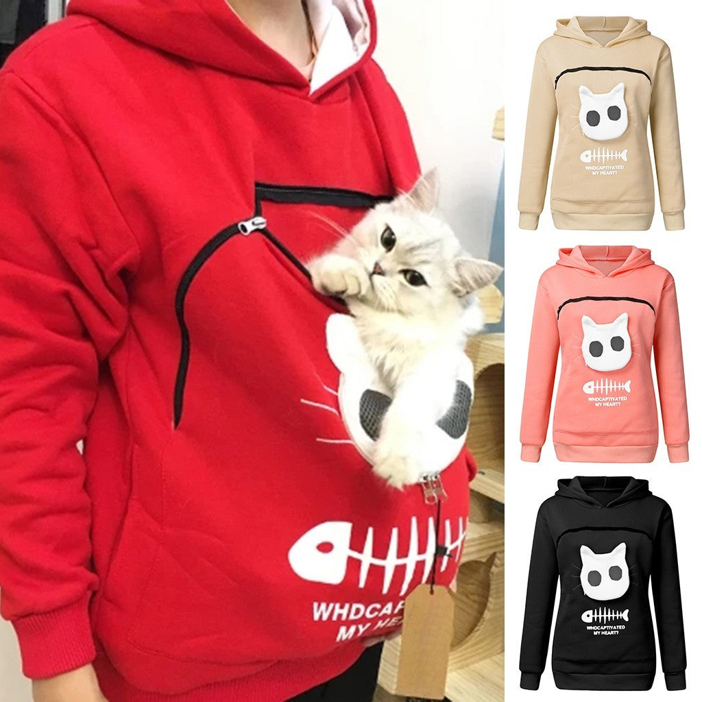 Hoodie Sweatshirt With Cat Pet Pocket Design Long Sleeve Sweater Cat Outfit